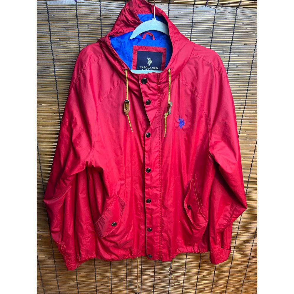 US Polo Assn Mens XL Red Hooded Windbreaker Jacket Blue Lining RN110078